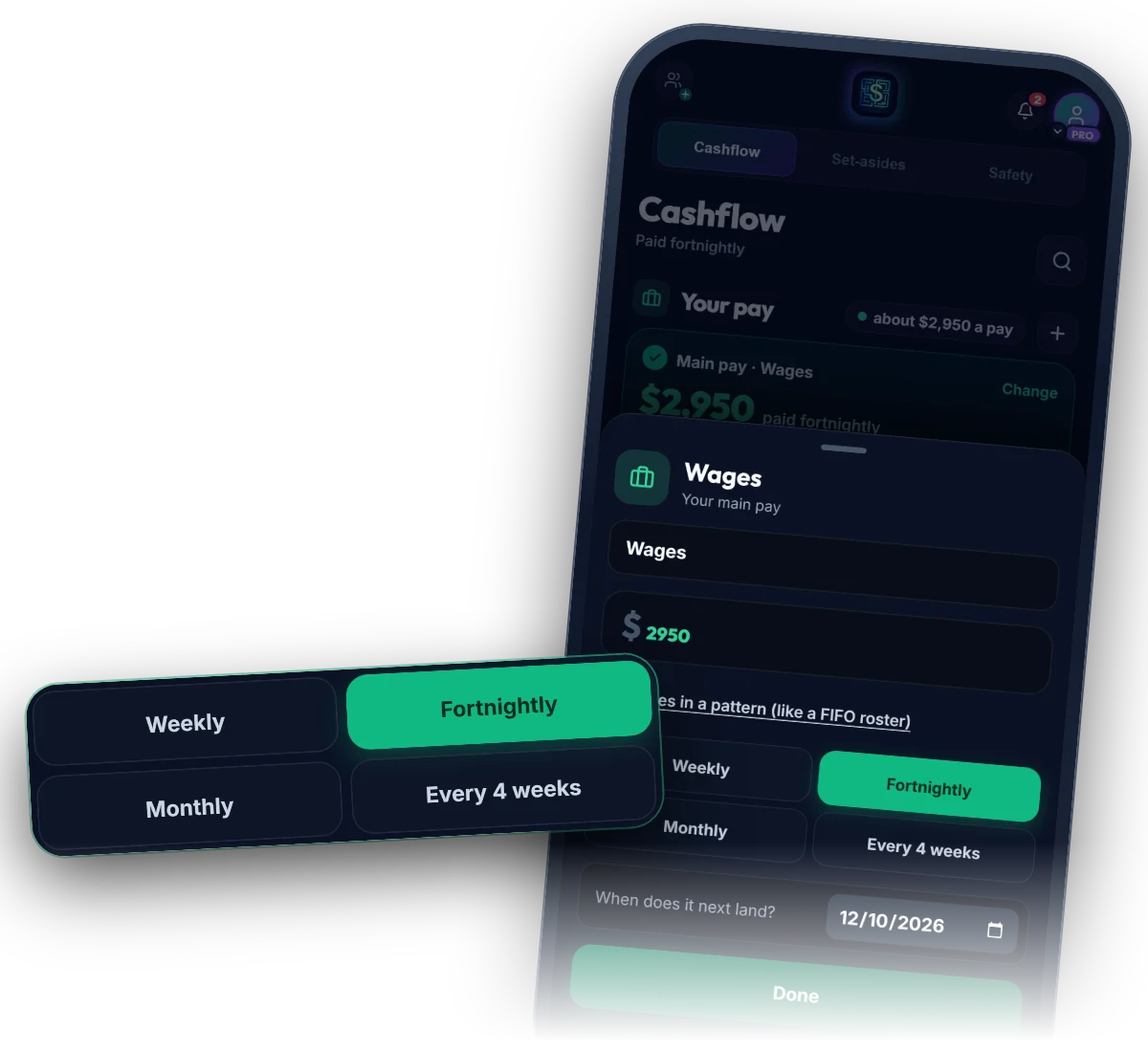 Setting up a pay in Money Maze, with the choice drawn large: weekly, fortnightly, monthly or every 4 weeks, with fortnightly chosen